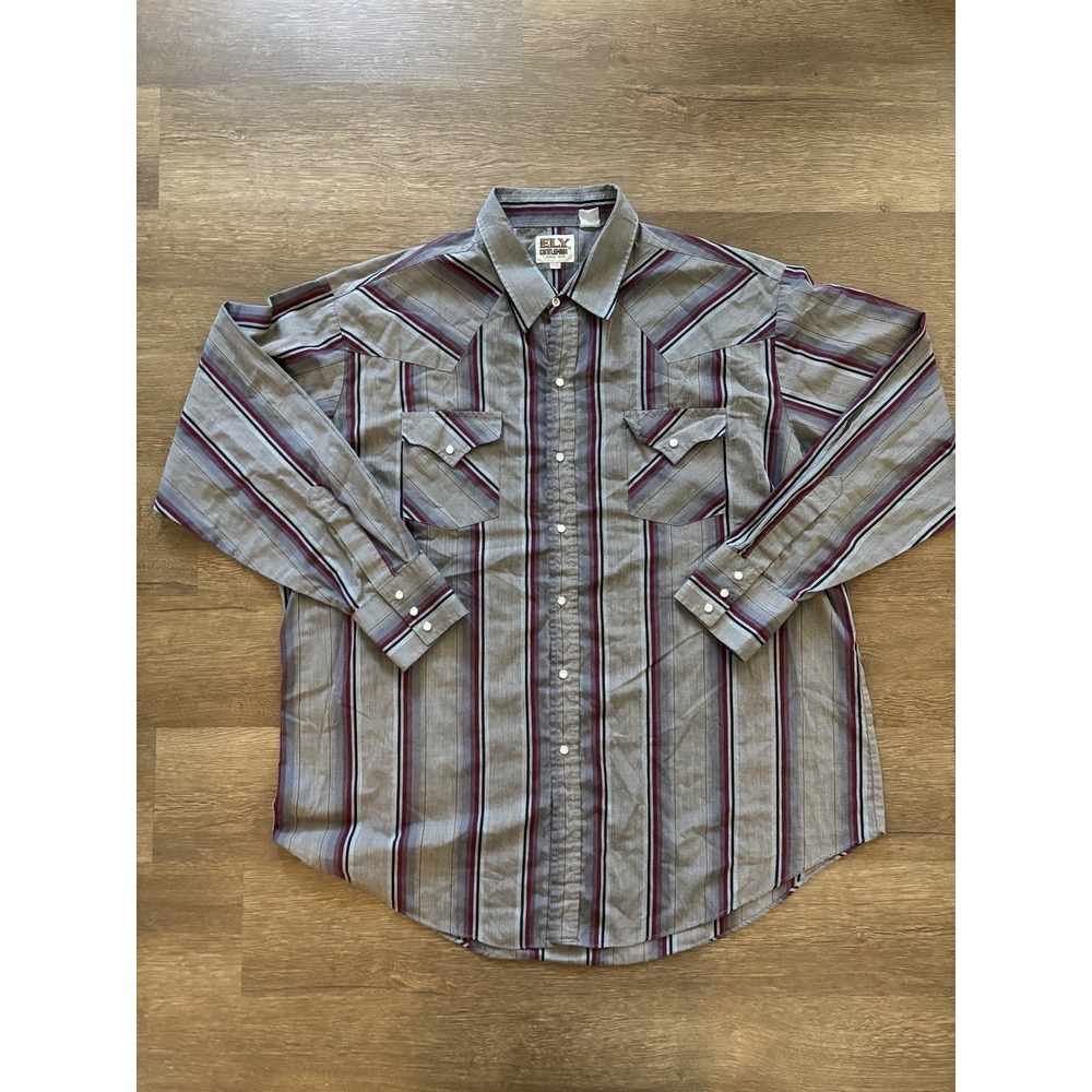 Vtg Mens 2XL Ely Cattleman Striped Pearl Snap Cowboy Western Long Sleeve‎ Shirt